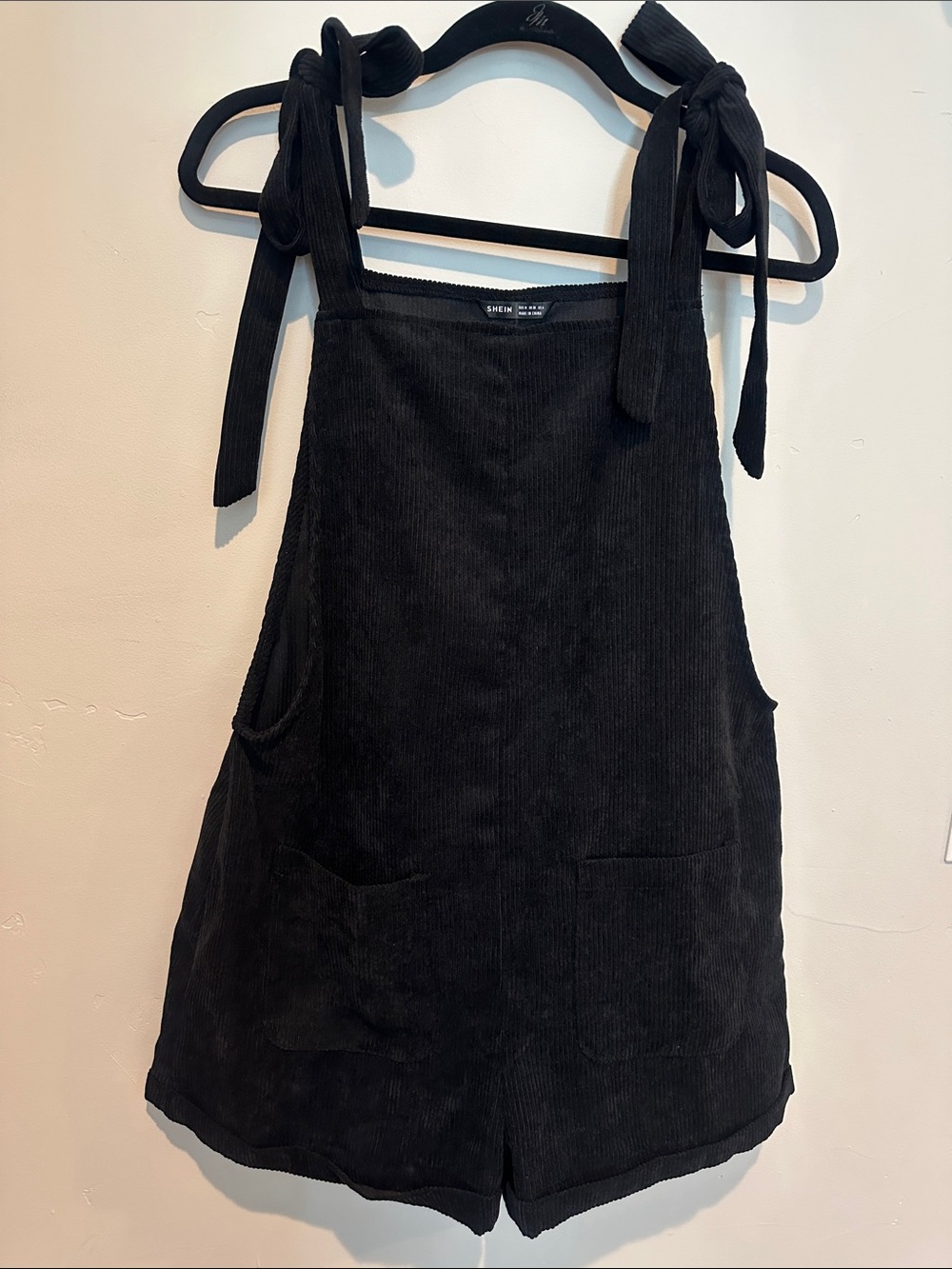 SHEIN Black Corduroy Tie-Shoulder Romper